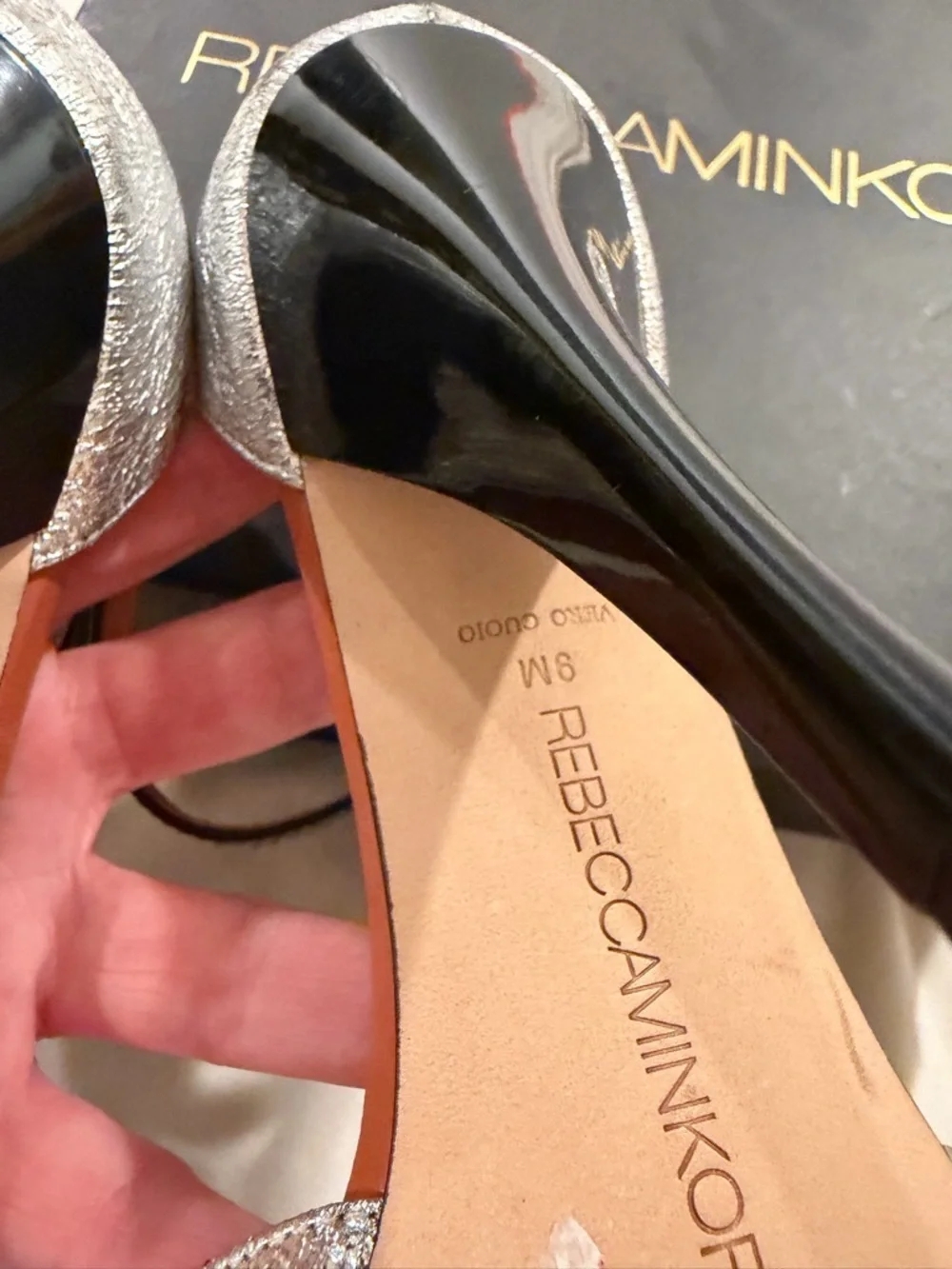 Rebecca Minkoff Ellie Silver Cracked Leather Open-Toe Ankle-Strap Heels 9M